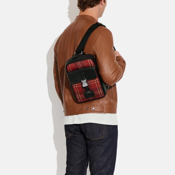 Coach Men's Sling Track Backpack with Tartan Plaid Leather Canvas Bookbag $398 - Picture 2 of 4
